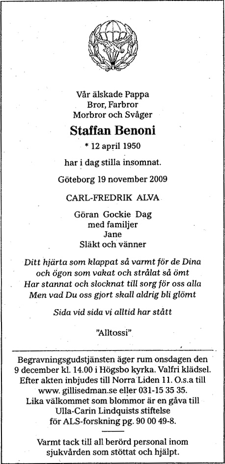 Staffan Benonis dödsannons